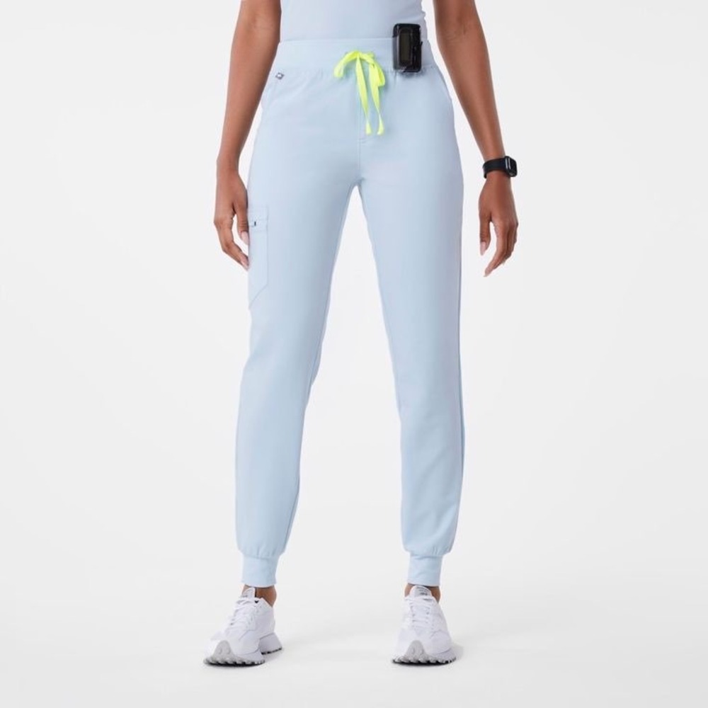 FIGS Women Light Blue Neon Yellow Drawstring Jogger Scrub Pants High Waisted